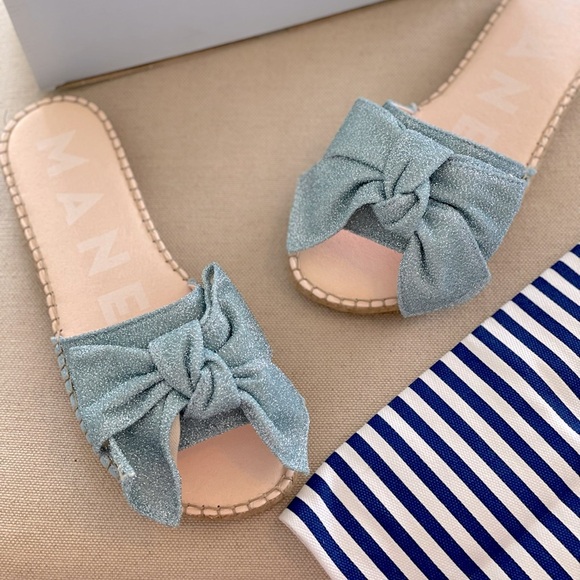MANEBI Bow-embellished Lurex Metallic Espadrille Slides Women’s Sz 39 (US 9) NEW - Picture 7 of 10